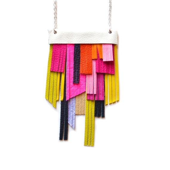 Neon Bib Necklace, Hot Pink Necklace, Leather Fringe Necklace, Geometric Necklace, Orange, Yellow, Neon Green and Black Modern Necklace
