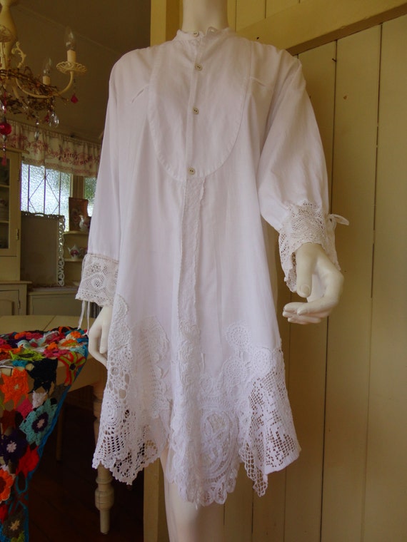 Items similar to White Shirt  Tunic Lace Upcycled 