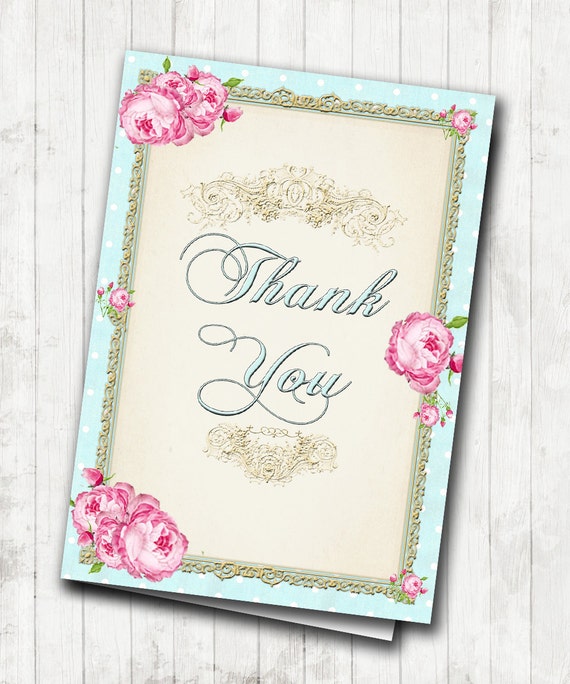 Pink and Aqua Shabby Chic Vintage Roses Thank You Card DIY