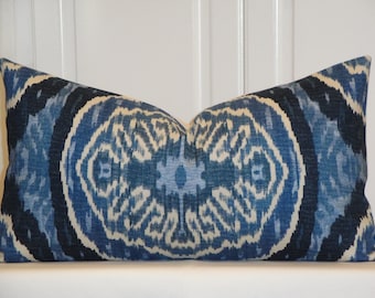 DURALEE - Decorative Pillow Cover - IKAT - Masala Denim - Lumbar Pillow - Blue - Navy Pillow - Indigo Pillow