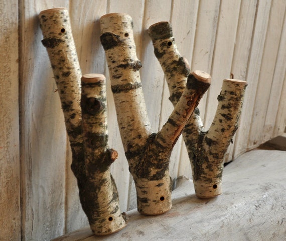 tree branch coat rack set of 3 Birch Wooden Hooks for