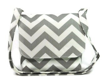 Small Messenger Purse, Cross Body Bag, Chevron Purse, Gray White Zig Zag with Mint Green, Gray Chevron Crossbody Purse, Adjustable Strap