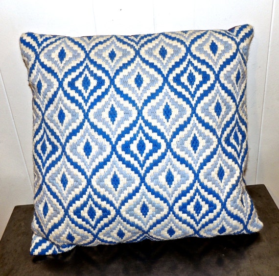 vintage needlepoint throw pillow blue/white 1960s ikat by mkmack