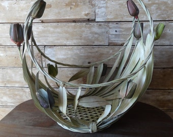 Vintage Metal Shabby Chic Flower Magazine Container or Holder