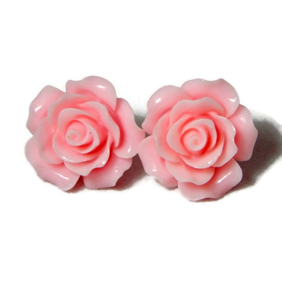 Pink Rose Earrings Retro Rockabilly Large Flower Studs