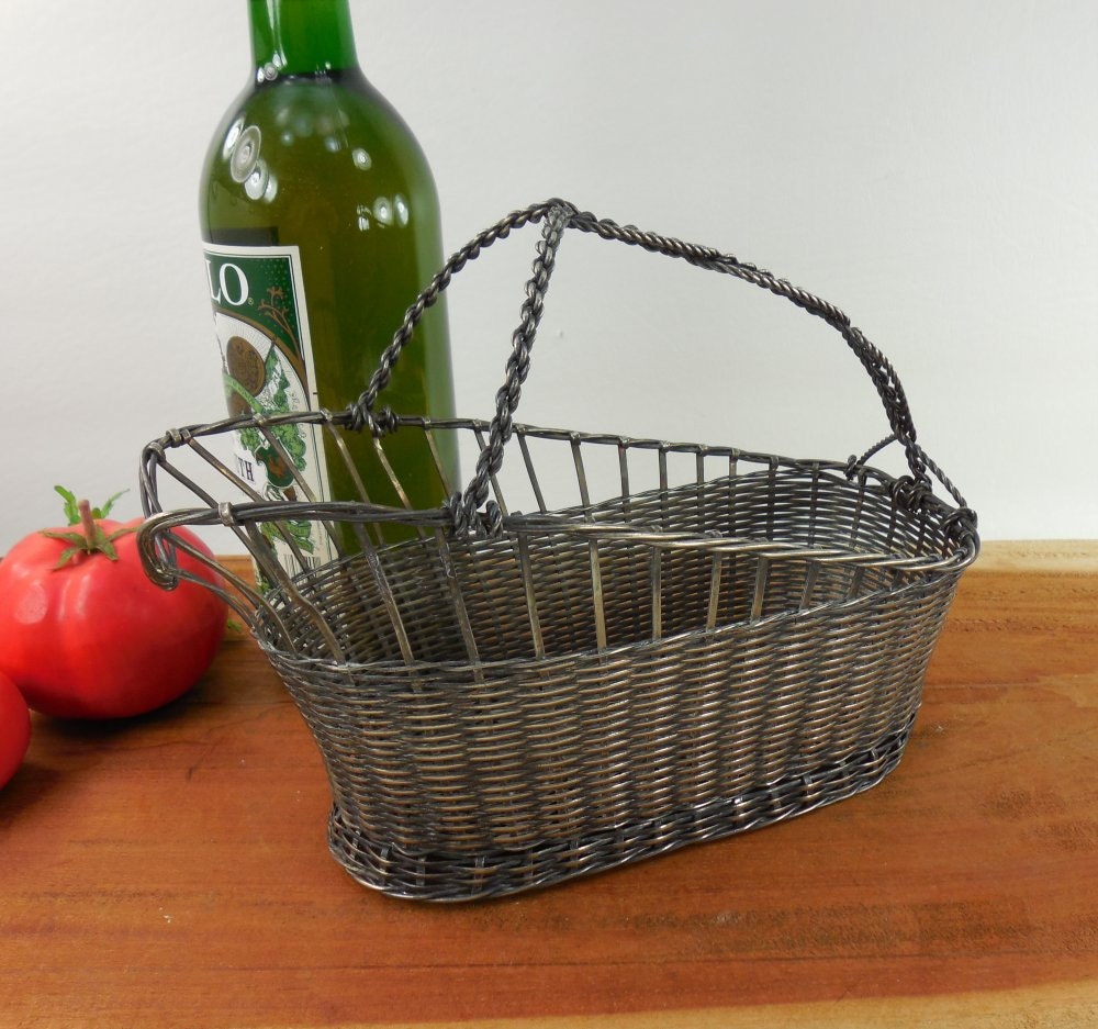 Silverplate Metal Wine Bottle Holder Woven Basket Cradle