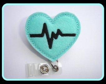 Retractable badge holder - nurse badge holder - Heartbeat EKG light aqua felt - Nurses RN doctor medical staff