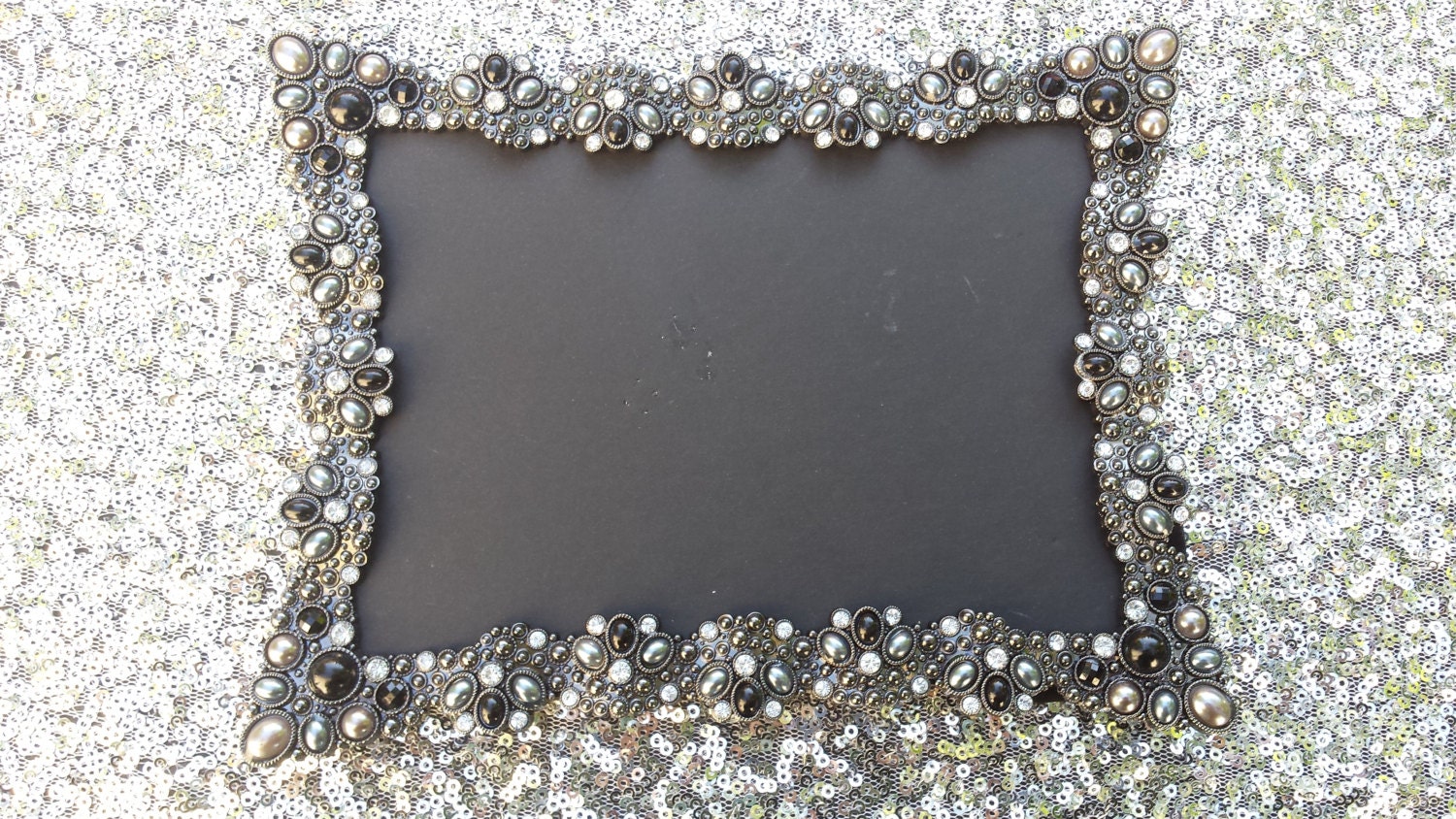 Vintage Style Black JEWELED RHINESTONE FRAME Bling Silver