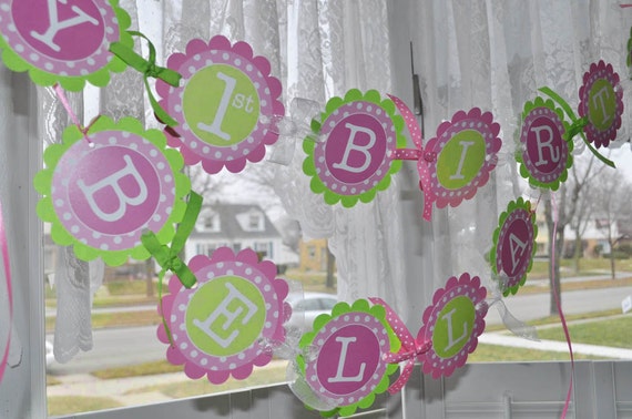 1st Birthday Banner - Polkadots Pink and Lime Green - Girls Birthday Party Decorations Il_570xn