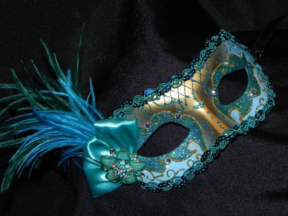 Masquerade Mask in Shades of Teal Turquoise and Gold