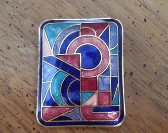 Vintage Rectangular Geometric Pin or Brooch Gold Tone Metal Enamel