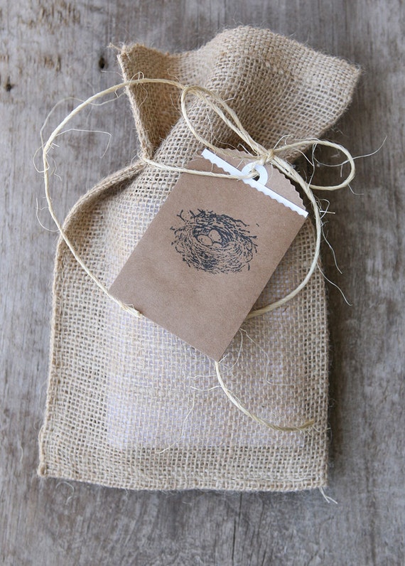 Burlap Gift Bag Small Burlap bag with hand stamped by bonnielecat