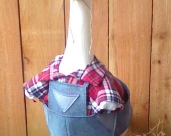 GOOSE CLOTHING - Goose 3 piece Farmer outfit for your lawn goose - Blue Jeans and Flannel - Plastic or Concrete Lawn Goose Clothing