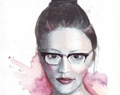 Original watercolor fashion illustration Girl with Ronsir retro glasses art