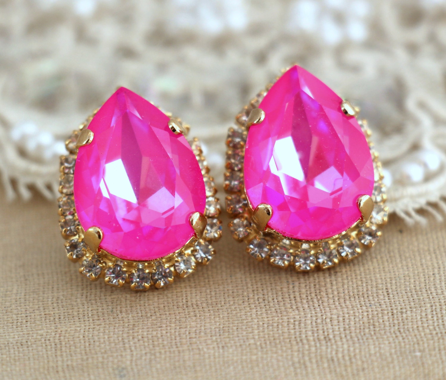 Neon pink Stud earrings Drop earringsSwarovski pink