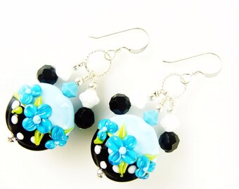 Black Blue Lampwork Earrings, Glass Bead Earrings, Summer Flower Earrings, Beadwork Earrings, Polka Dot Beaded Earrings, Lampwork Jewelry