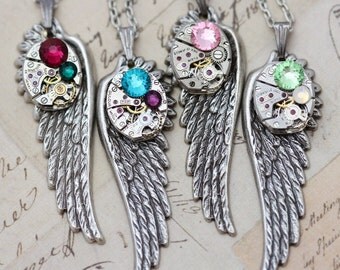 Birthstone Necklace Steampunk Jewelry Personalized Necklace Unique Mothers Necklace Wing Necklace Steam Punk Jewelry