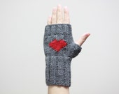 Heart Knit Gloves / Valentines Day Gift, Women Fingerless Gloves, I Love You, / Grey Gloves, Arm Warmers, Gift For her, Under 25