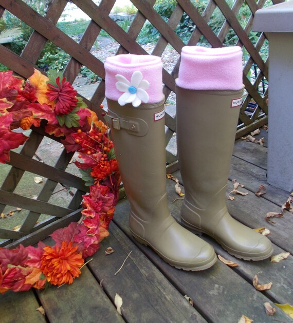 Fleece Rain Boot Liners Pink with White Flower Embellishment