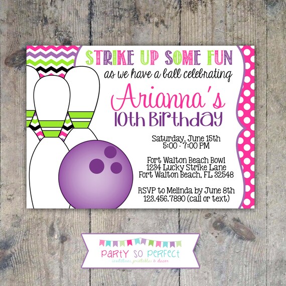 BOWLING INVITATION 5x7 - Girl Birthday Party - PRINTABLE Il_570xn