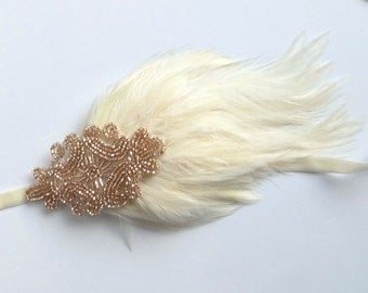 Cream 20s Headpiece for Great Gatsby Dress, 1920s Holiday Fascinator, Champagne Beaded Cream Feather Headpiece