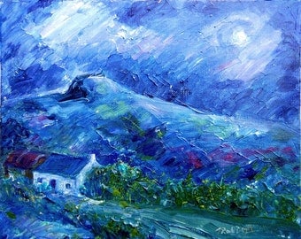 Original painting, Landscape Ireland,Moonlight,Acrylic"Moonlight over the Hillside"on Artists canvas board,Atmospheric art,Irish art