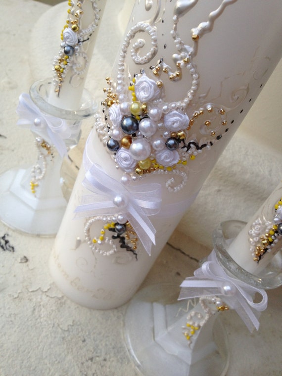 Elegant Wedding unity candle set in white grey gold and