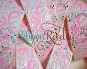 New Fancy Foil pink swirls on cream 7/8" grosgrain ribbon Il_170x135