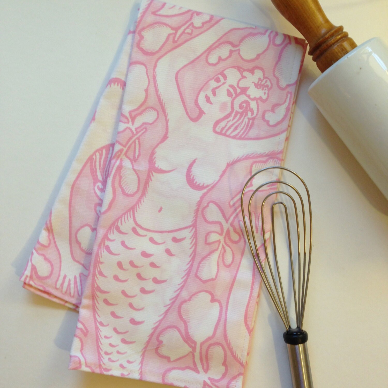 Pink Linen Mermaid Dish Towel Original Designer Fabric