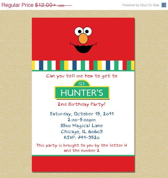10% OFF SALE Elmo Inspired Birthday Invitation - Sesame Street (Any Age) Il_570xn