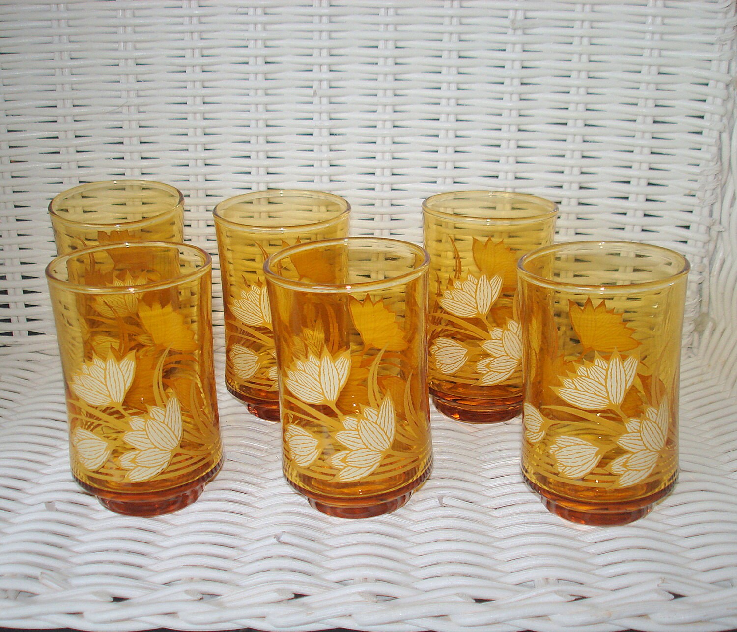 6 Vintage Libby Juice Glasses. Amber Color Etched Design. 6