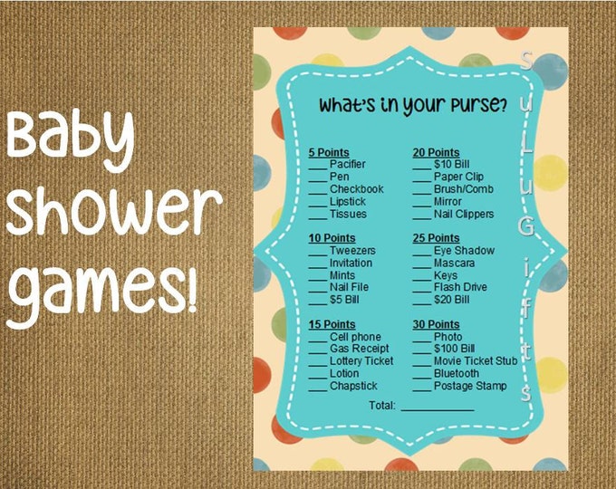Baby Shower Game ~ What's in your Purse Game Instant Download Printable PDF File ~ Happy Dots Design