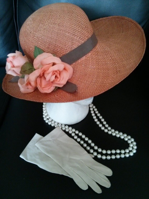 Orange Vintage Tea Party Set hat gloves pearl necklace A