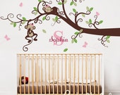 Baby Girl Nursery Decor : Branch Tree, Girl Monkeys and Custom Name