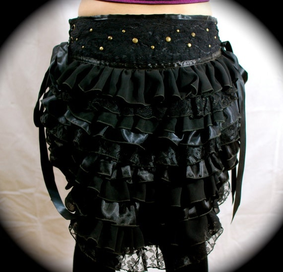 All Black Lace and Satin with Stud Detailing Ruffle Bustle Booty Ruffle Stilt Performer Skirt by OpalCake steampunk buy now online