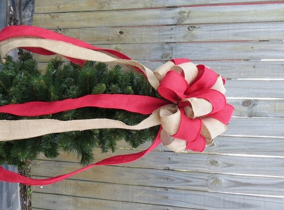 Red and Natural Burlap Bow Tree Topper