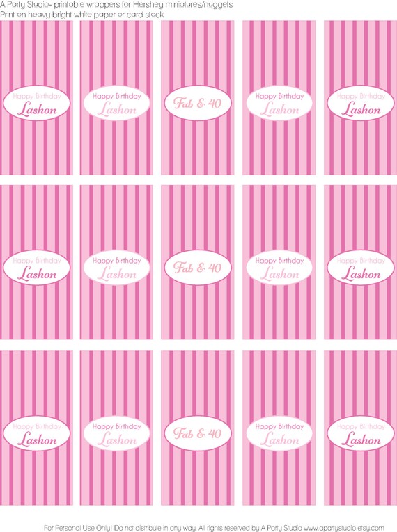 Birthday in Light Pink and Rose Pink Personalized chocolate nugget wrappers for candy buffet or favors- print your own Il_570xn