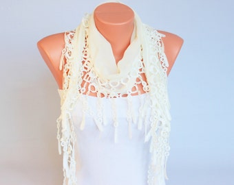 Fringed lace scarf ,triangle lace scarf , guipure scarf,woman scarf,peach,plain cream