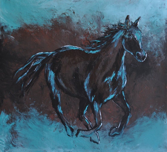 Large Abstract Contemporary Black Horse Art in turquoise and