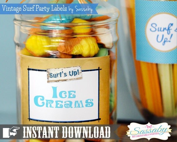 Vintage Surf Party Labels - INSTANT DOWNLOAD - Editable & Printable Birthday Decorations by Sassaby Il_570xn