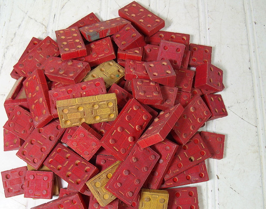 Antique Red Wooden American Bricks Building Blocks Collection