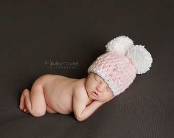 Newborn Pom Pom Hat, Newborn Photo Prop, Warm Winter Hat, Pink Pom Pom Hat, Snowflake Hat, Newborn Crochet Hat, Newborn Girl Hat