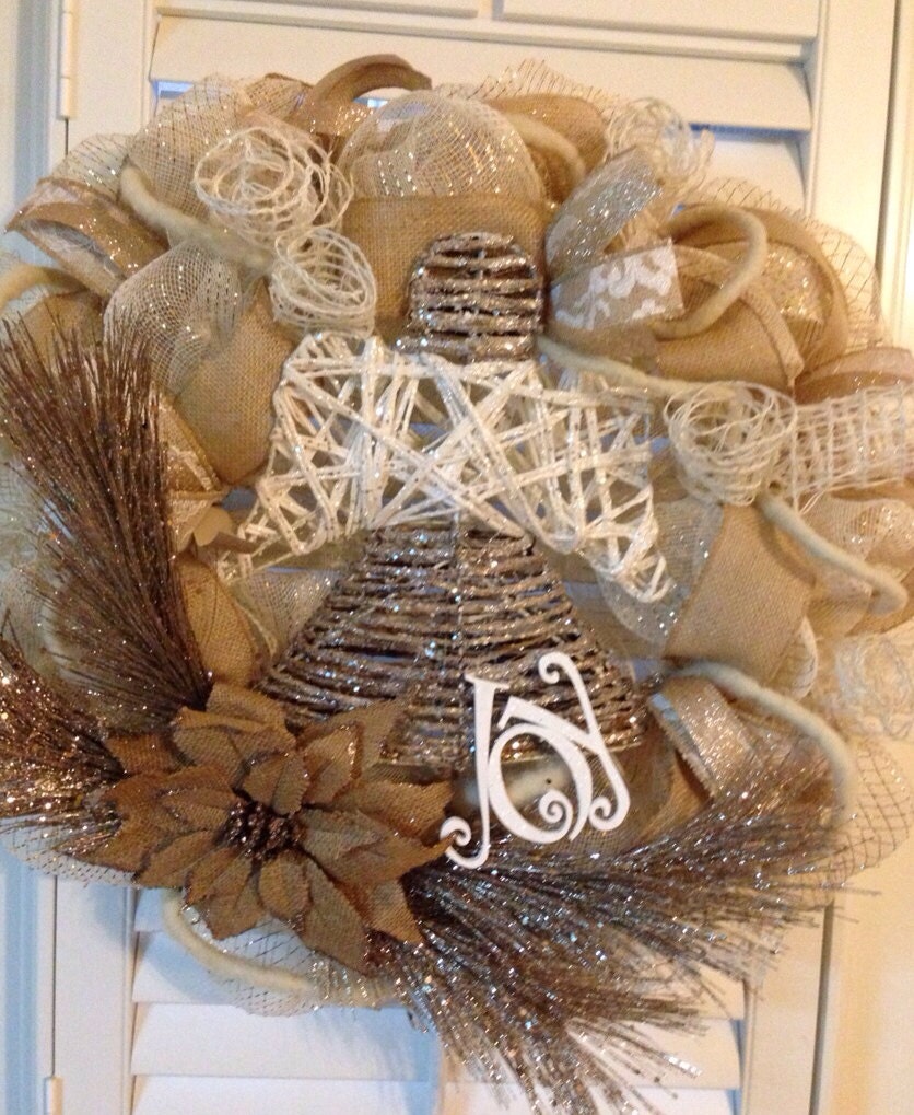 Angel, Joy Natural Burlap Deco Mesh Christmas Wreath