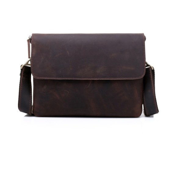 Men's genuine distressed dark brown leather messenger bag