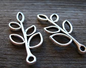 6 Open Leaf Branch Charms 33mm Antiqued Silver
