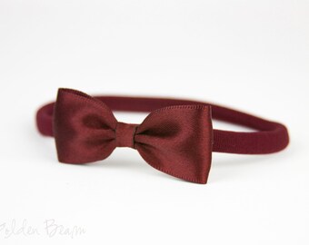 Burgundy Baby Headband - Flower Girl Headband - Small Satin Merlot Bow Handmade Headband - Baby to Adult Headband