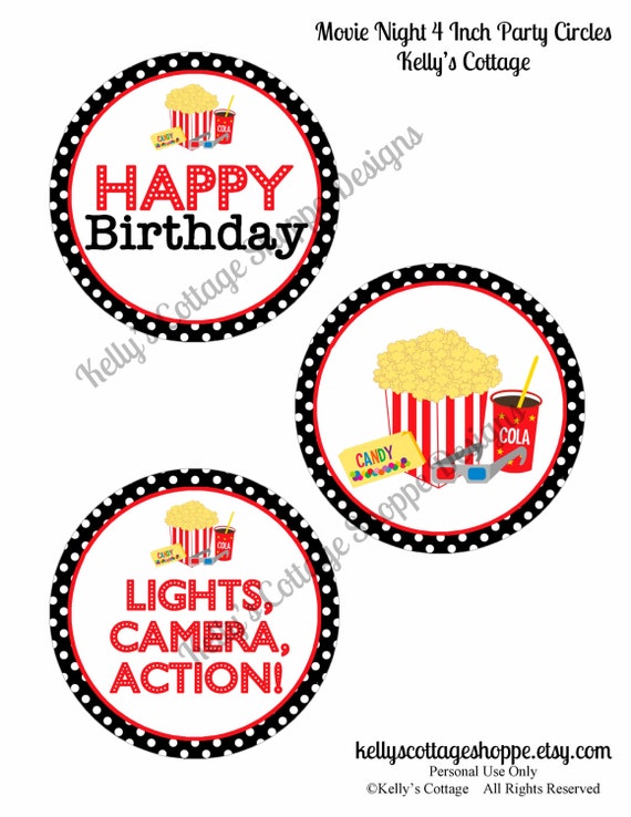 Movie Night Birthday 4 Inch Party Circles, Instant Download, Printable, Digital Il_570xn