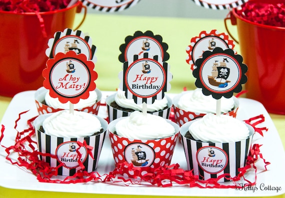 Pirate Birthday Party Cupcake Kit- 2 Inch Party Circles and Cupcake Wrappers, Instant Download, Printable, Digital Il_570xn