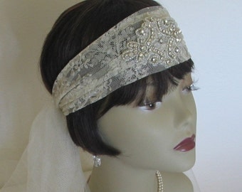 Antique Lace Headband Veil with Beading - Original 1920s Design by Lace Sparkle Vintage