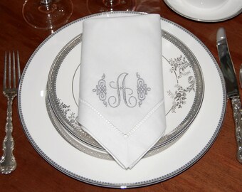 Monogrammed White Linen Hemstitched Dinner Napkins